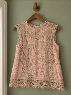 Eri & Ali Anthropologie Sleeveless Pink Lace Overlay Shell Top